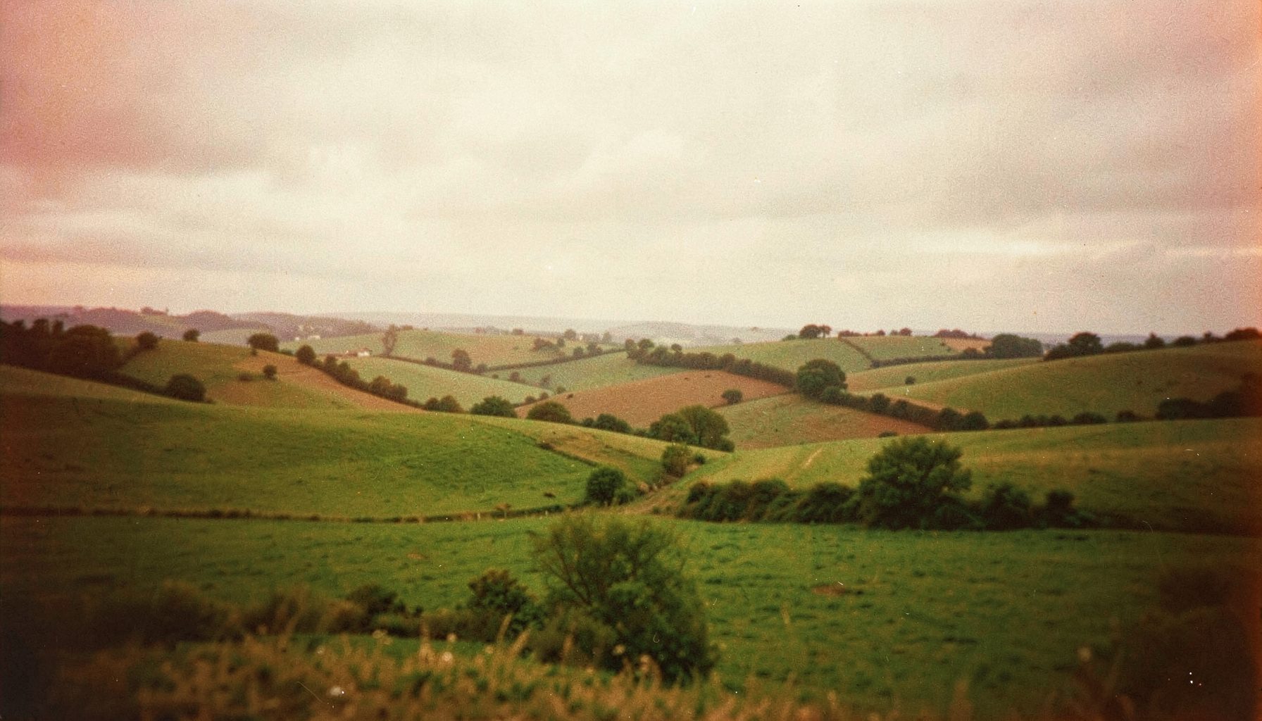 Wide landscape photograph of rolling green hills and farmland under a soft overcast sky, with muted earth tones and a calm rural atmosphere